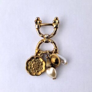 Vintage Charm Brooch Puffy Heart Faux Pearl Dangles Gold Tone